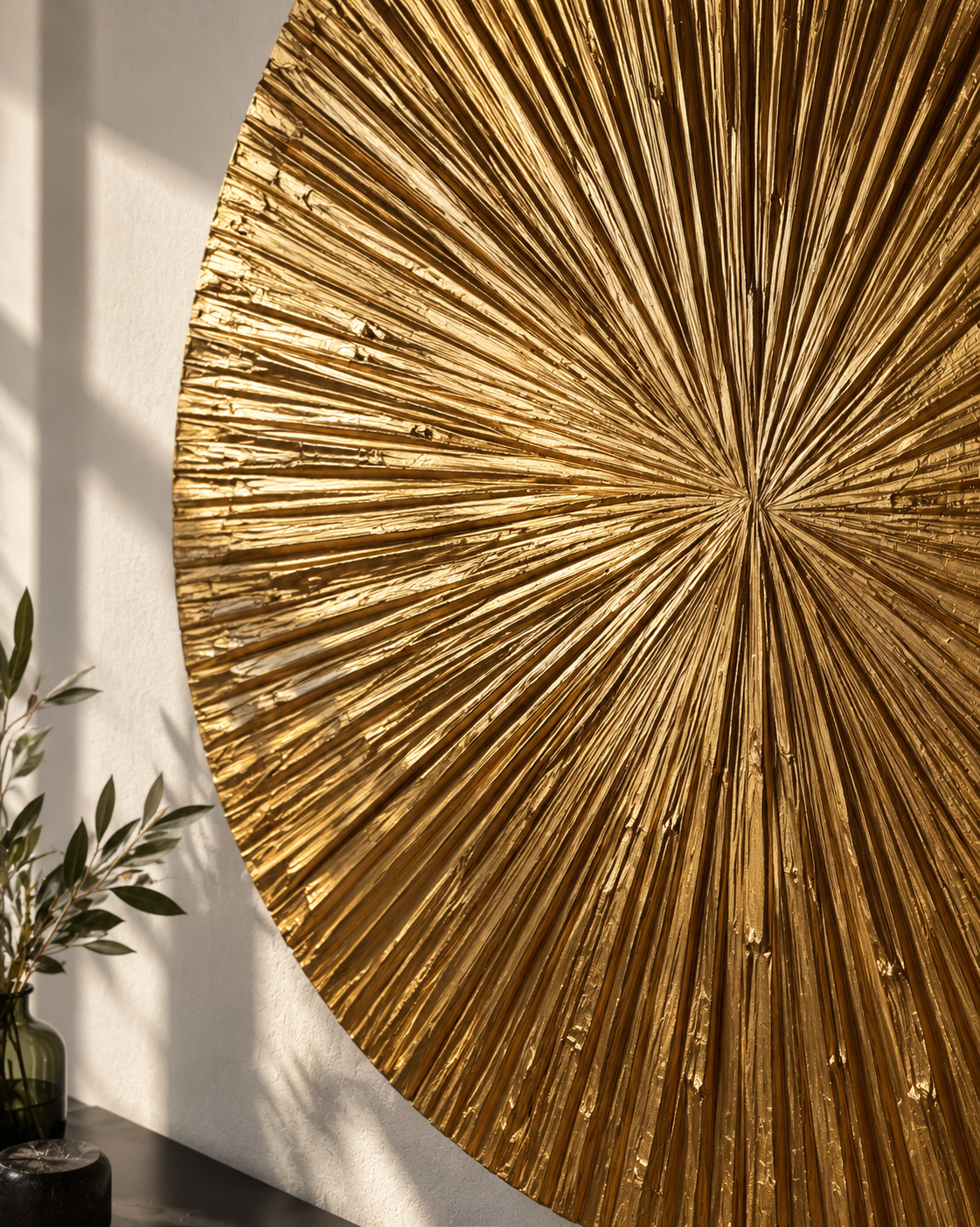 A large circular gold wall art piece with a sunburst radial design, mounted on a white textured wall next to a dark side table with a green glass vase and leaves.