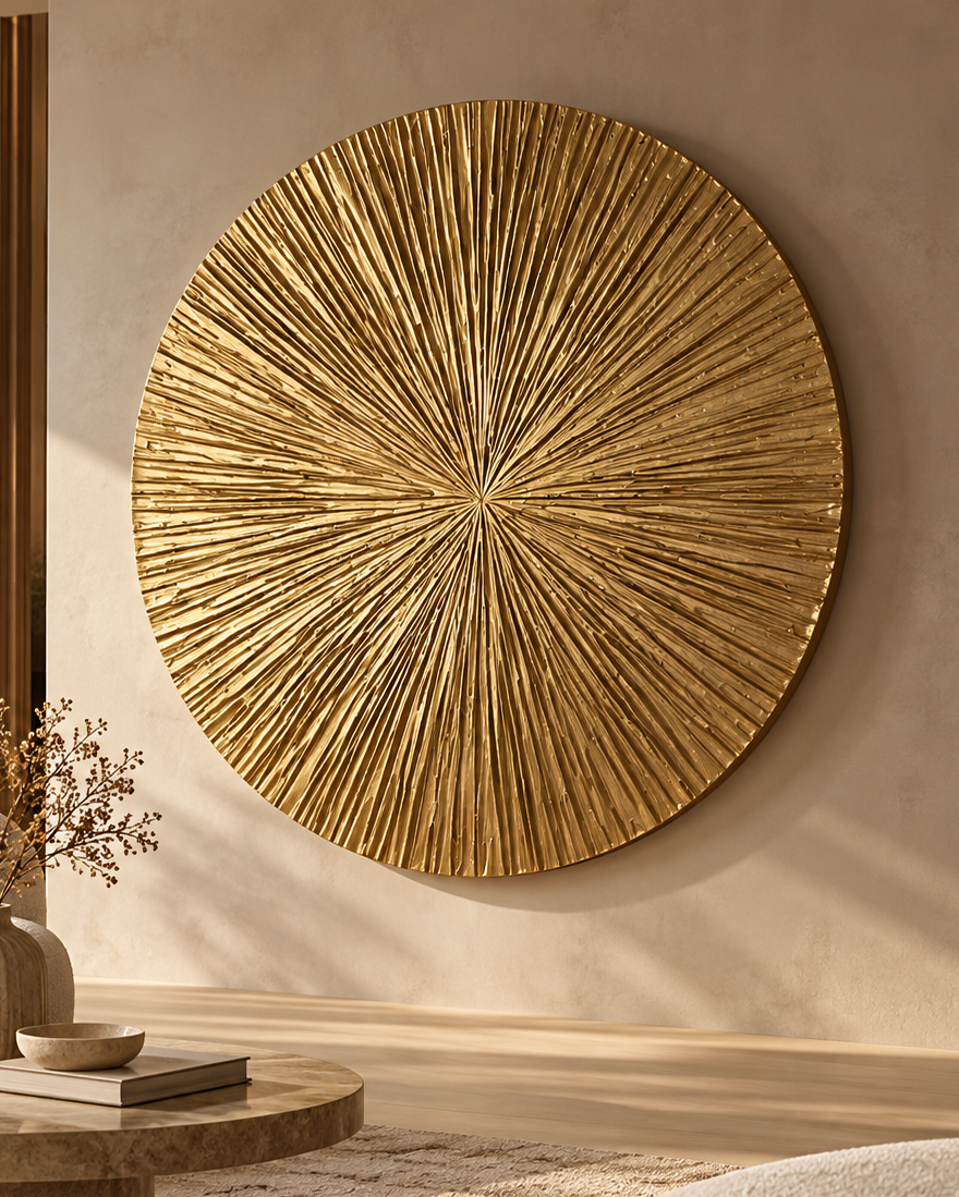 złoty obraz okrągły strukturalny, nowoczesny elegancki design. Minimalistyczny obraz 3D 
