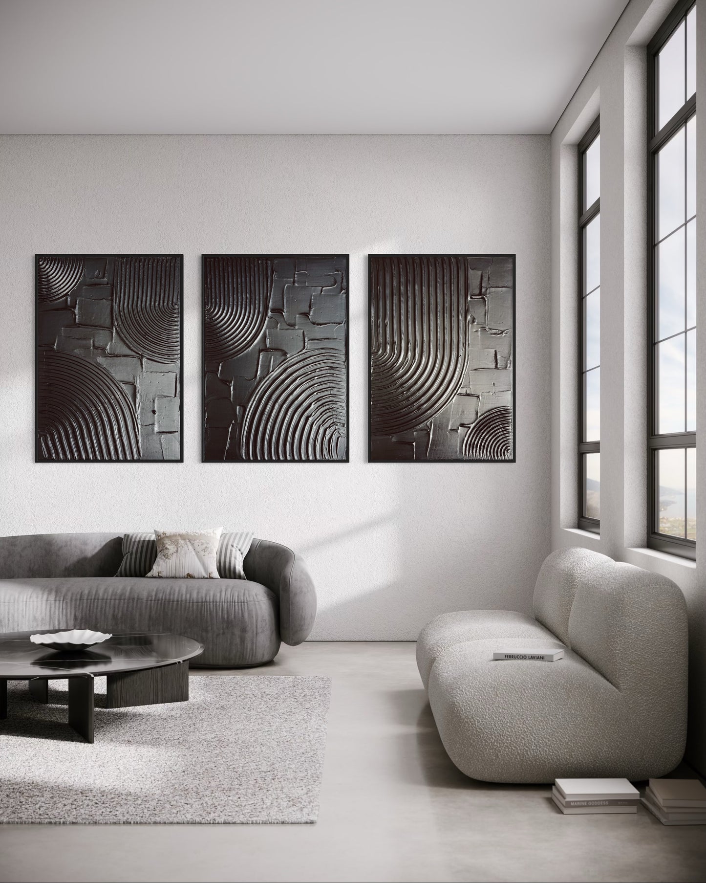Modern living room with abstract wall art and a large window.