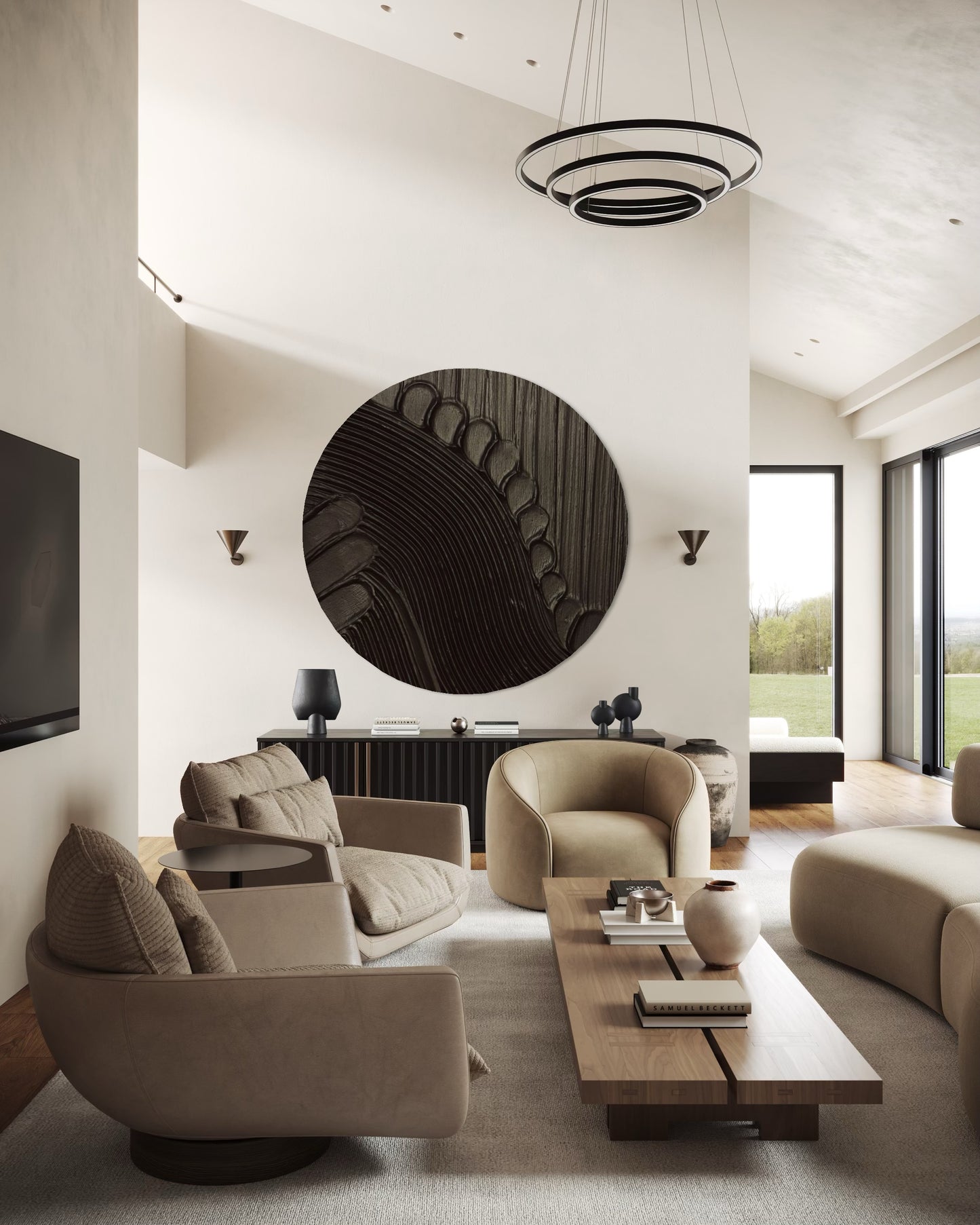 Minimalistyczna dekoracja ścienna MAZU – okrągły obraz strukturalny w czerni