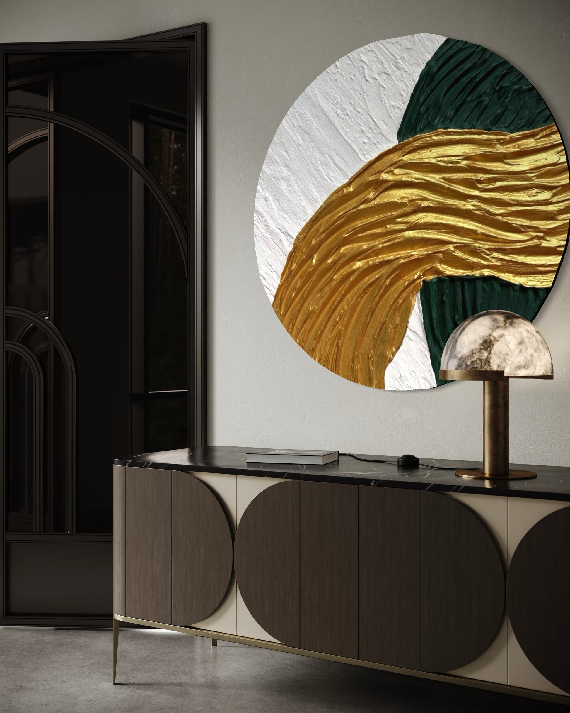 Minimalist round canvas art ATEN with sculptural texture and gold accents