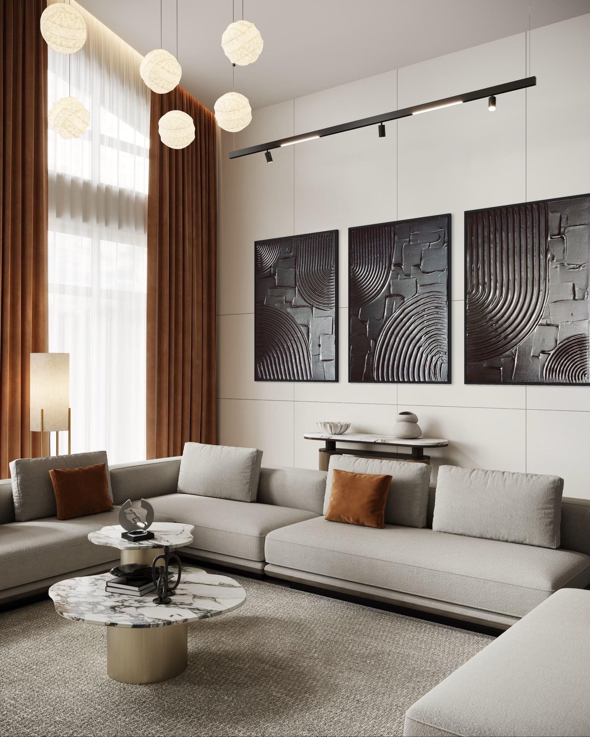 Modern living room with a gray sofa, marble coffee table, and modern textured abstract wall art in black set of 3 